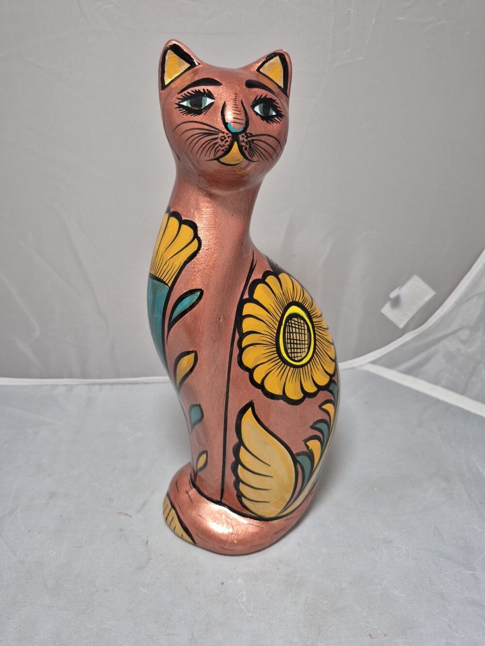 💥 Talavera Hand painted Mexican Folk Art Pottery Cat Tall Bank